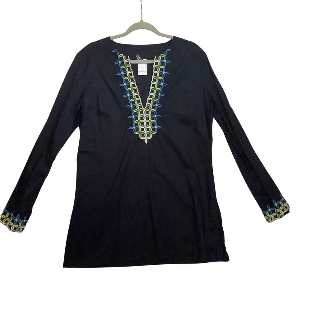Jantzen Swimsuit Tunic Coverup Women Large Black V-Neck Blue Green Embroidery